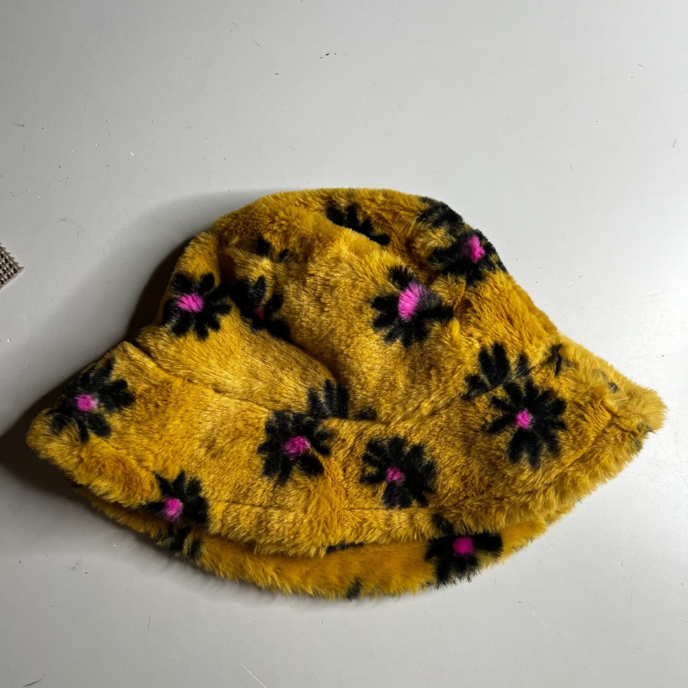 Yellow Faux Fur Daisy Bucket Hat Floral Black Pink Fuzzy Festival Streetwear